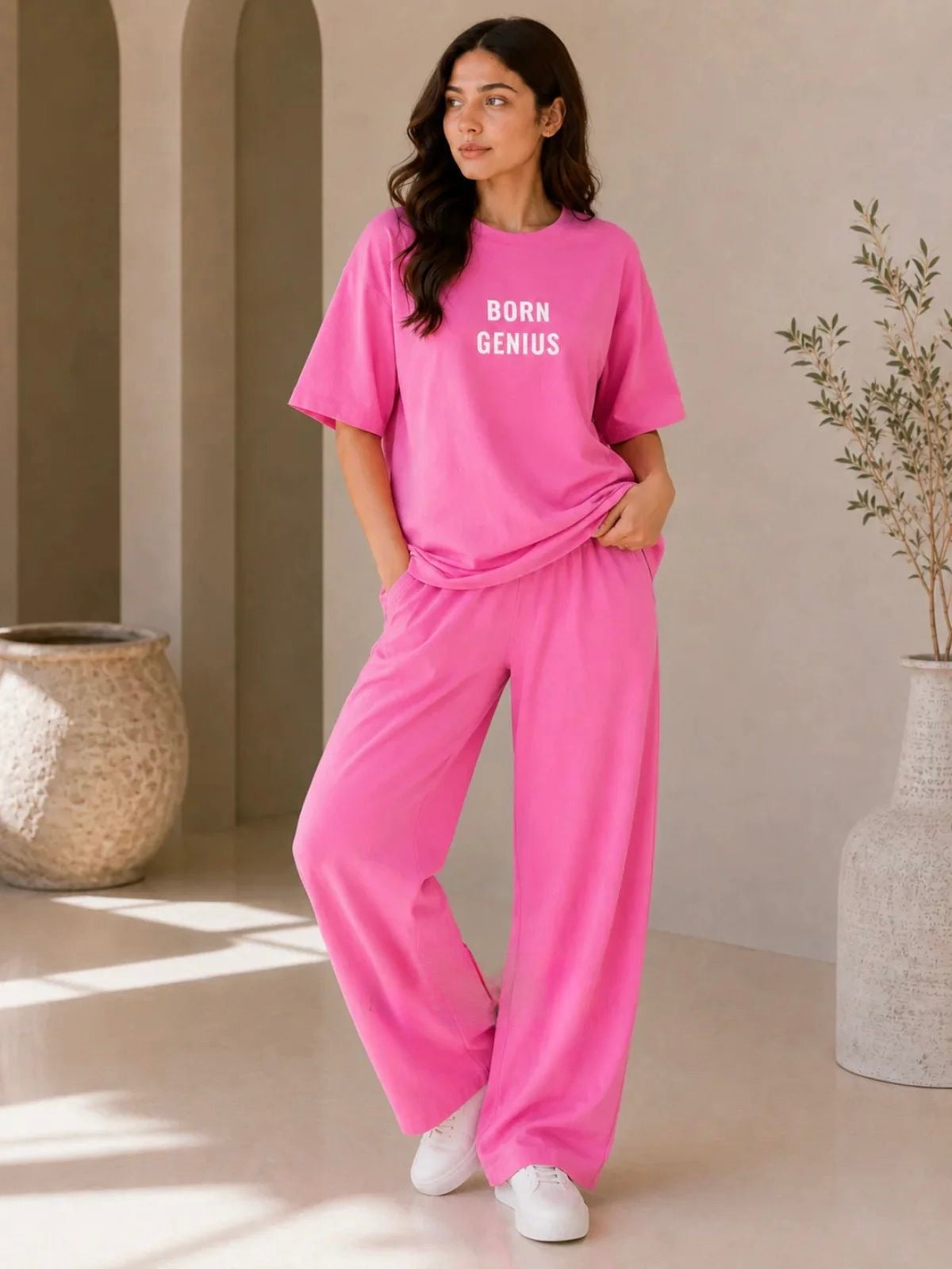 Born Genius" Premium Black Co-Ord Set – Oversized Tee & Wide-Leg Trouser