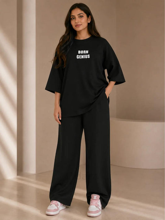 BORN GENIUS Premium Black Co-Ord Set – Oversized Tee & Wide-Leg Trouser (Copy)