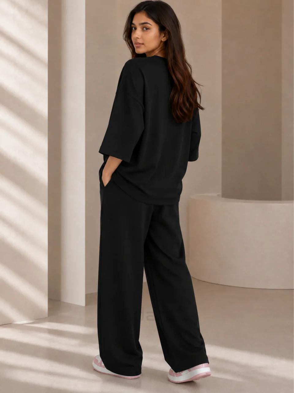 BORN GENIUS Premium Black Co-Ord Set – Oversized Tee & Wide-Leg Trouser (Copy)