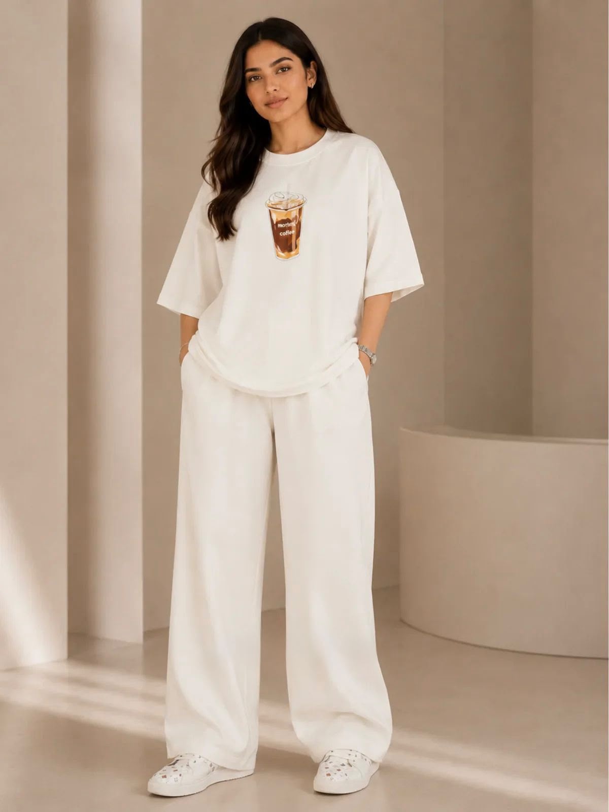COFFEE" Premium white Co-Ord Set – Oversized Tee & Wide-L