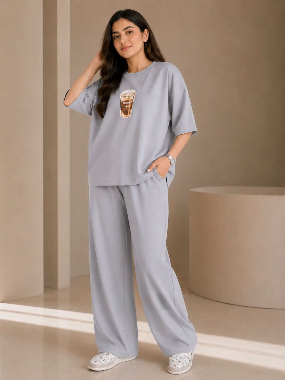 COFFEE" Premium gray Co-Ord Set – Oversized Tee & Wide-Leg trouser