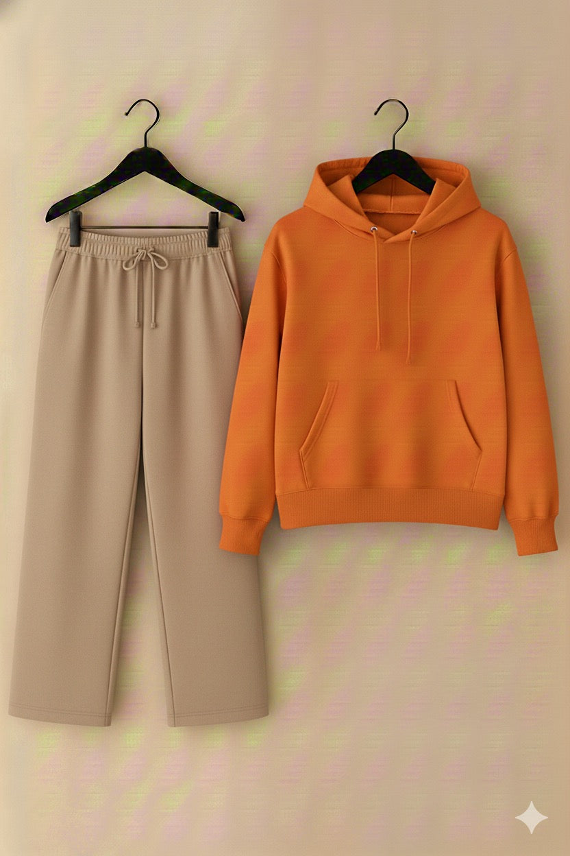 Unisex Orange hoodie beige trouser