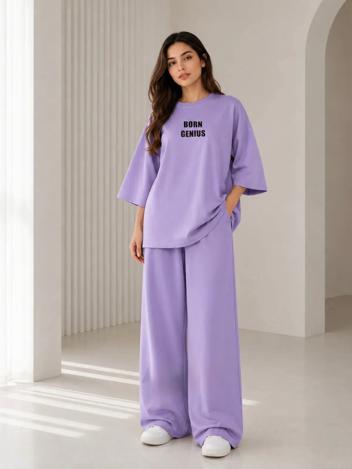 Born Genius" Premium Black Co-Ord Set – Oversized Tee & Wide-Leg Trouser
