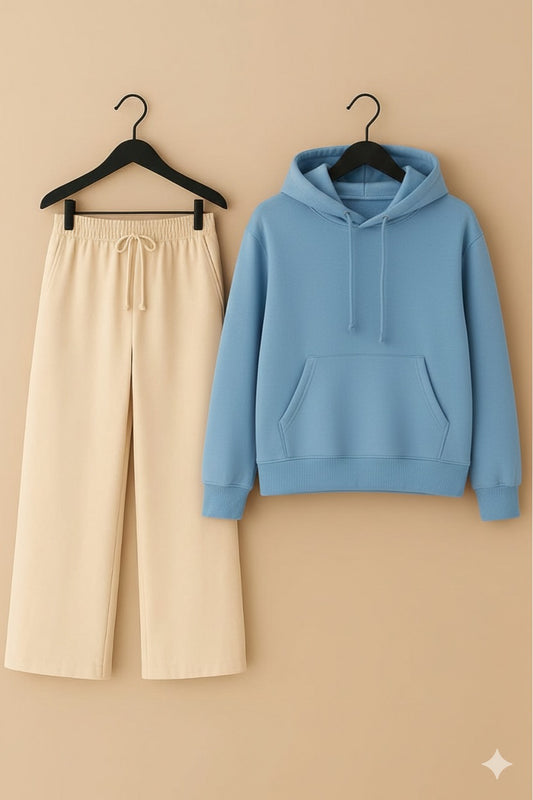 UNISEX Sky Blue HOODIE & Beige Flapper Trouser
