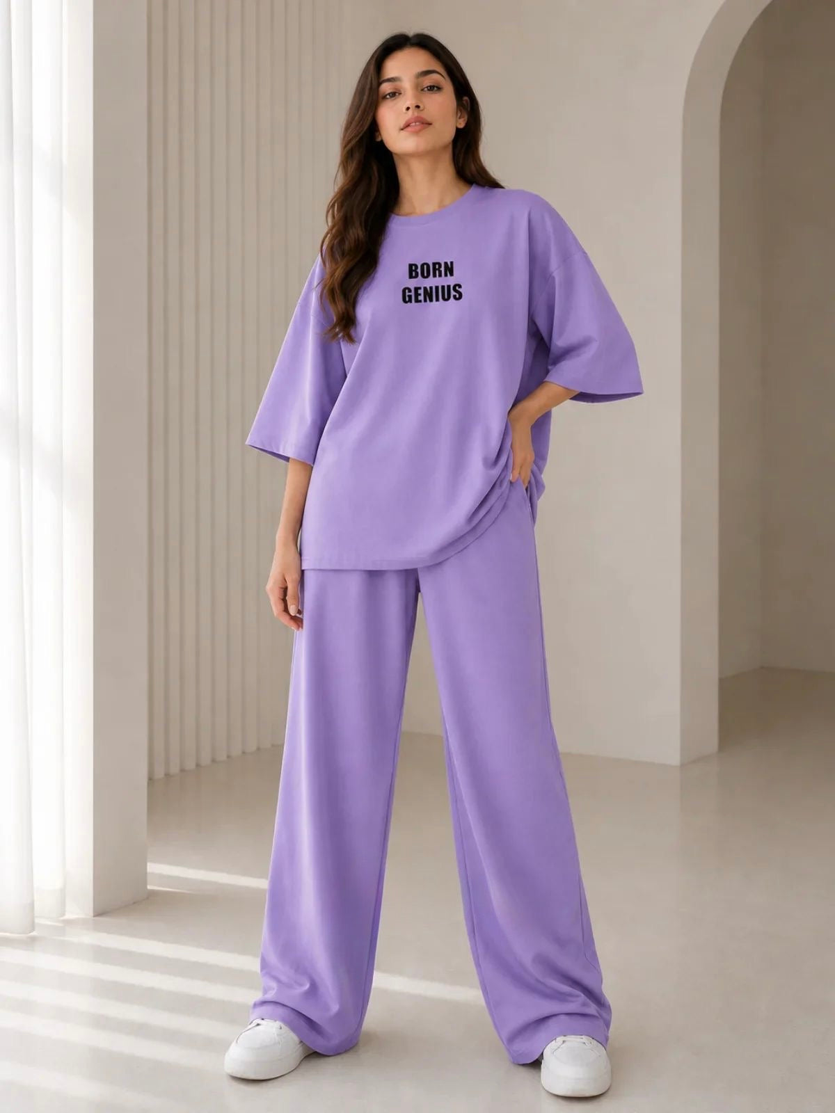 Born Genius" Premium Black Co-Ord Set – Oversized Tee & Wide-Leg Trouser