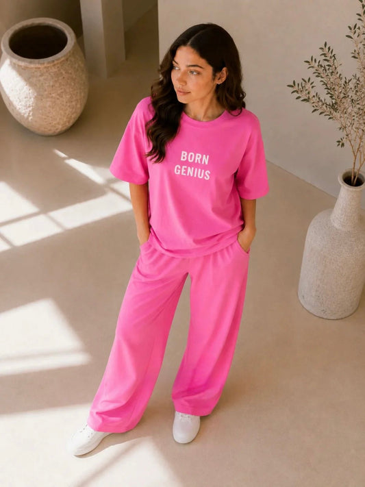 Born Genius" Premium Black Co-Ord Set – Oversized Tee & Wide-Leg Trouser
