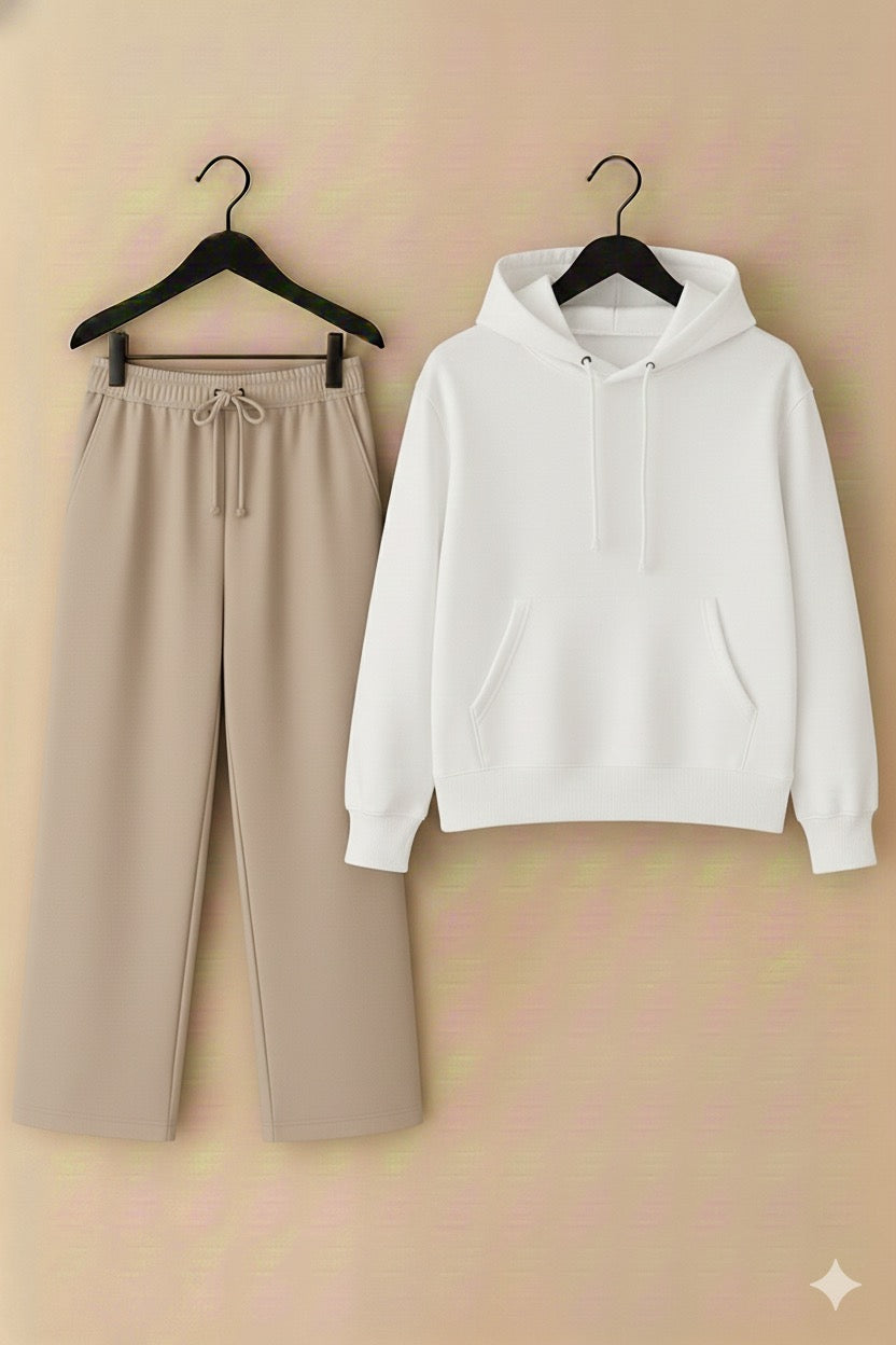 UNISEX White HOODIE & Beige Flapper Trouser