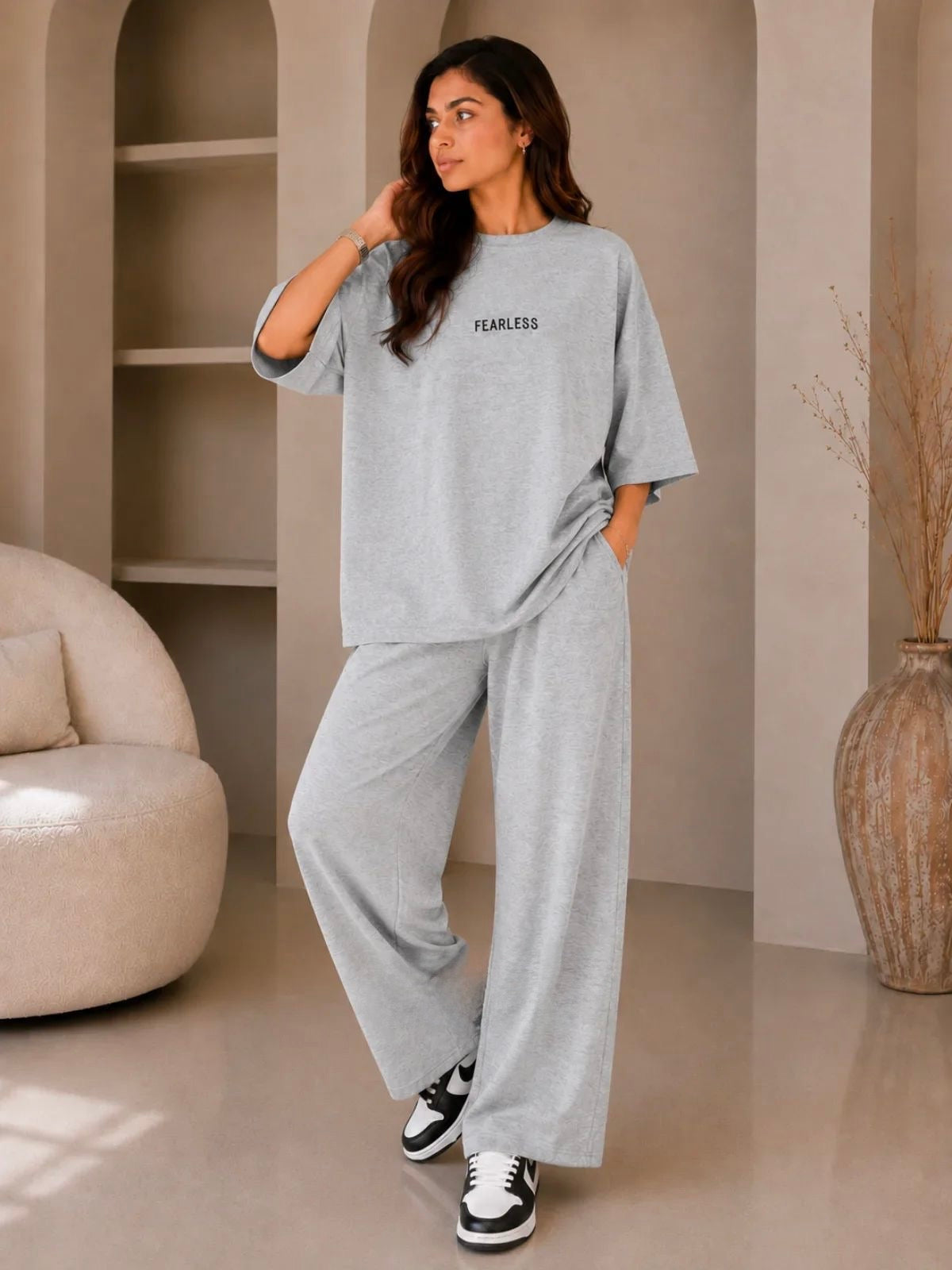 Fearless" Premium gray Co-Ord Set – Oversized Tee & Wide-Leg Trouser
