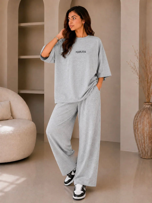 Fearless" Premium gray Co-Ord Set – Oversized Tee & Wide-Leg Trouser