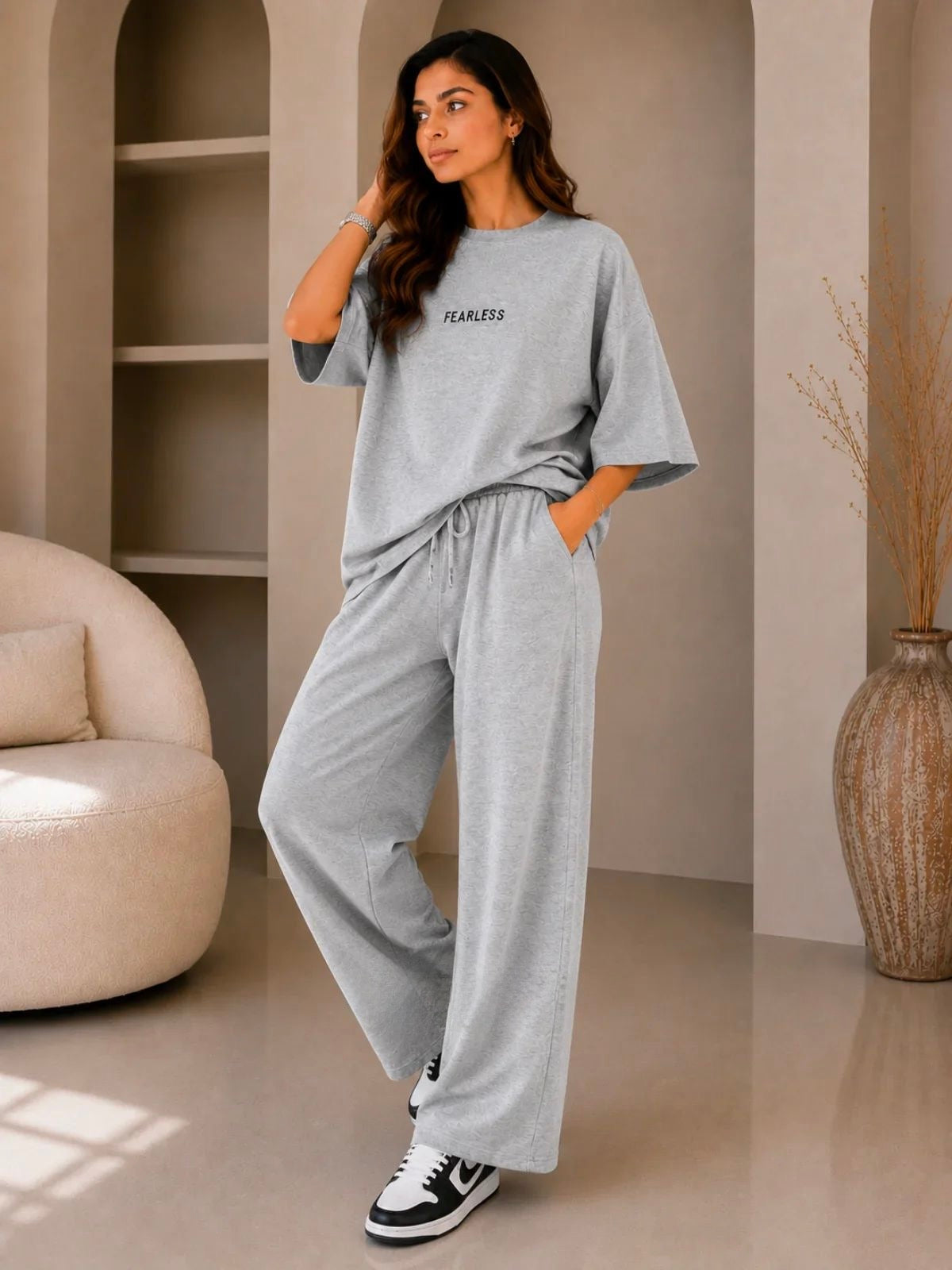 Fearless" Premium gray Co-Ord Set – Oversized Tee & Wide-Leg Trouser