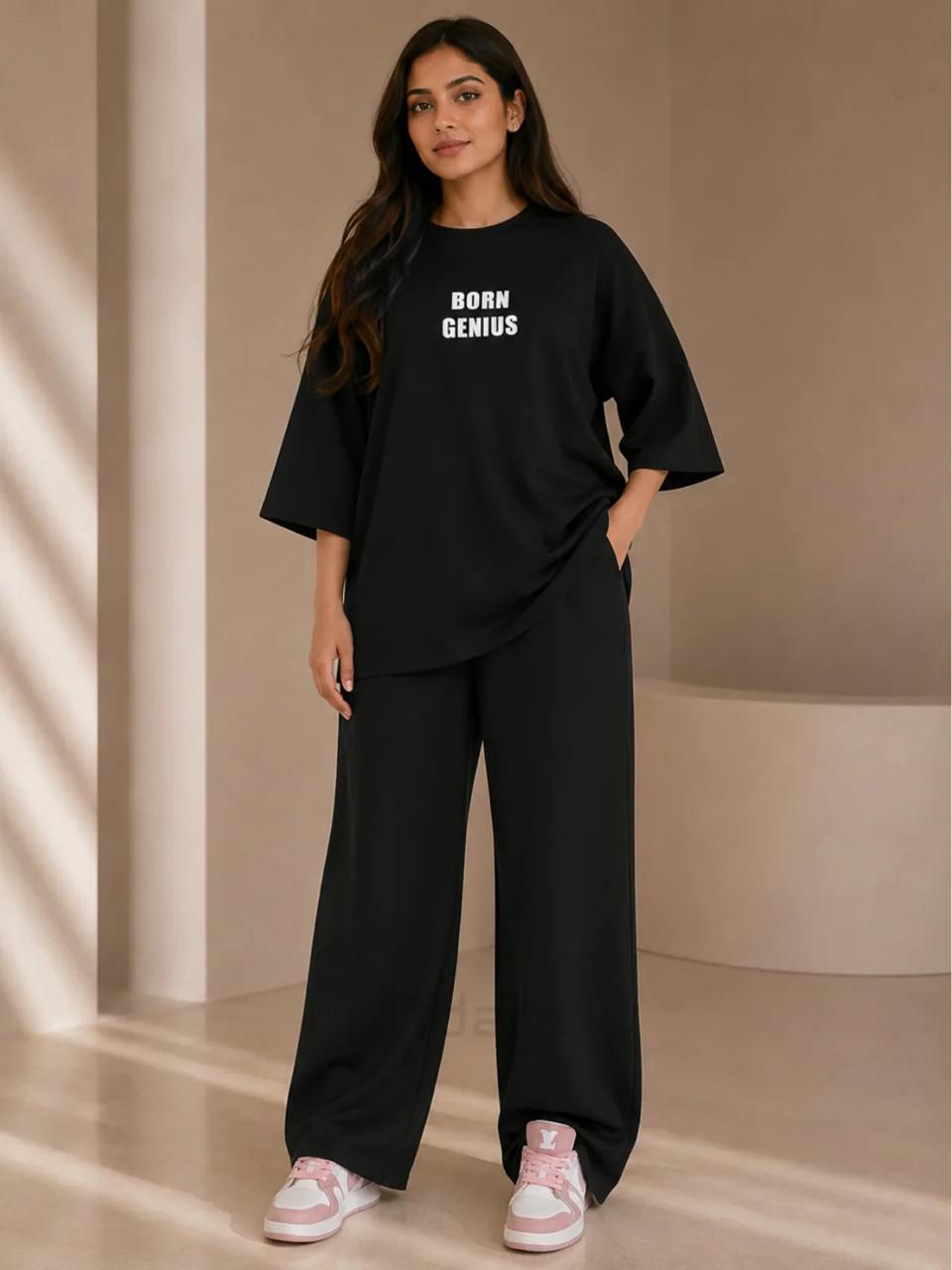 BORN GENIUS Premium Black Co-Ord Set – Oversized Tee & Wide-Leg Trouser (Copy)