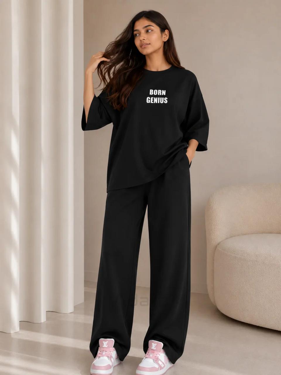 BORN GENIUS Premium Black Co-Ord Set – Oversized Tee & Wide-Leg Trouser (Copy)