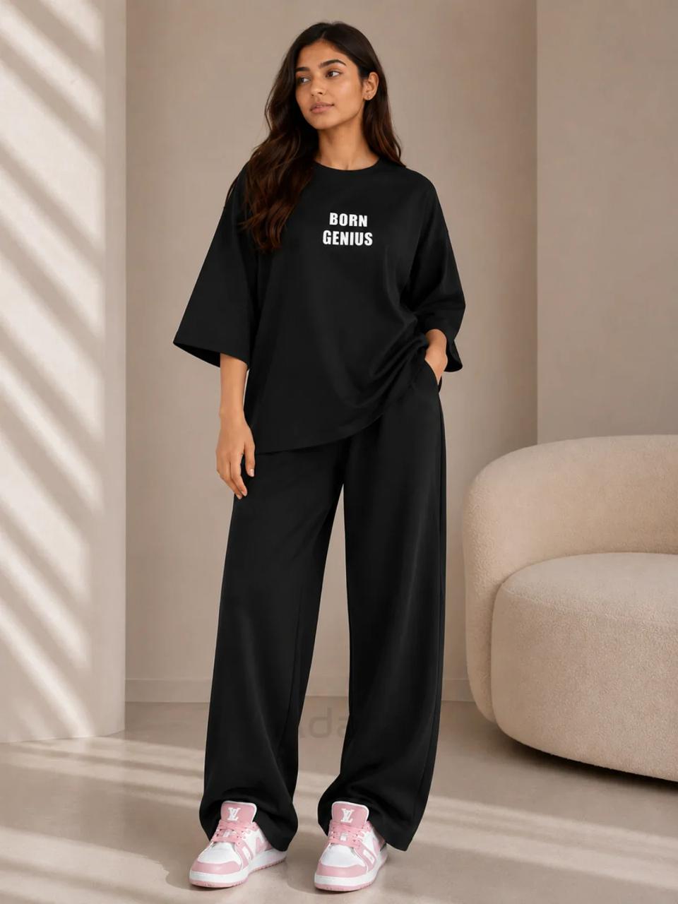 BORN GENIUS Premium Black Co-Ord Set – Oversized Tee & Wide-Leg Trouser (Copy)