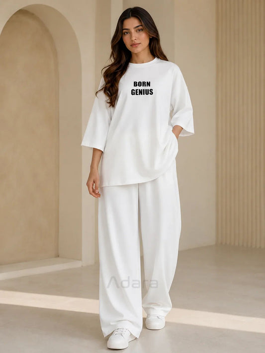 Born Genius" Premium Black Co-Ord Set – Oversized Tee & Wide-Leg Trouser