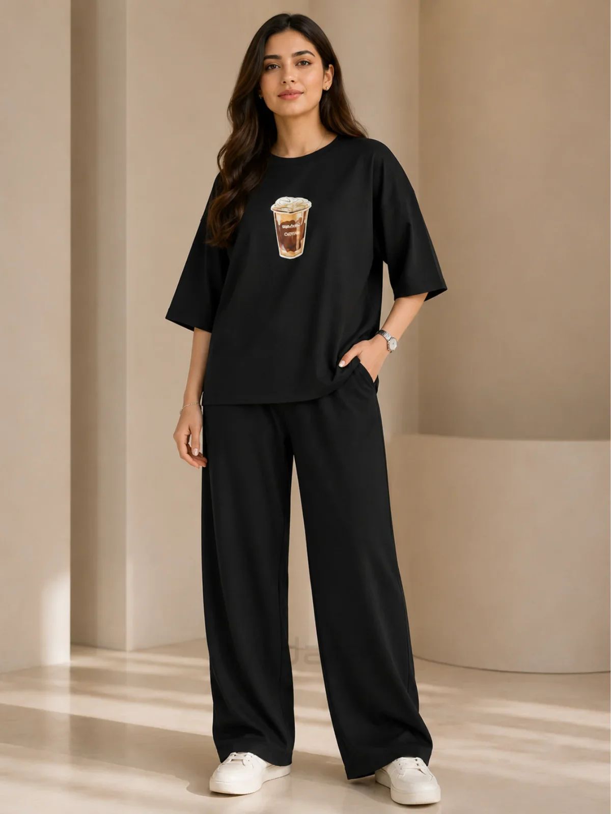 COFFEE" Premium Black Co-Ord Set – Oversized Tee & Wide-Leg trouser