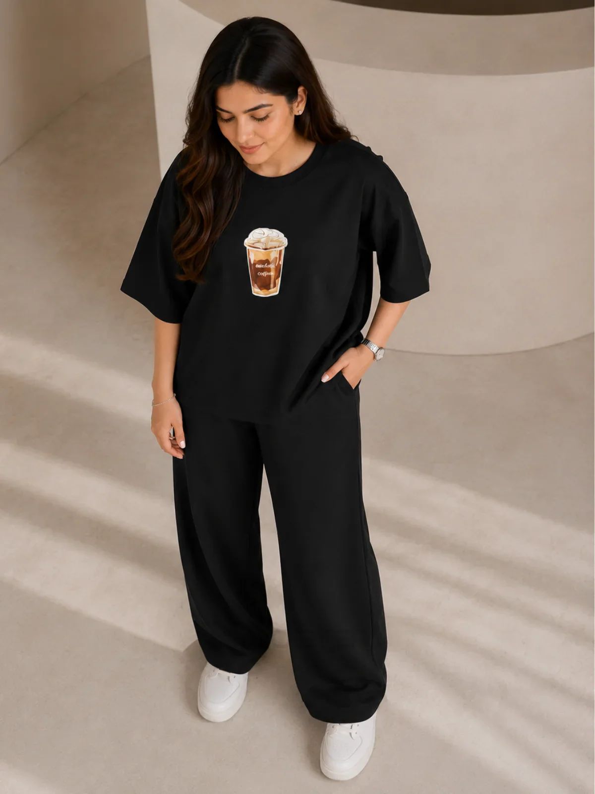 COFFEE" Premium Black Co-Ord Set – Oversized Tee & Wide-Leg trouser