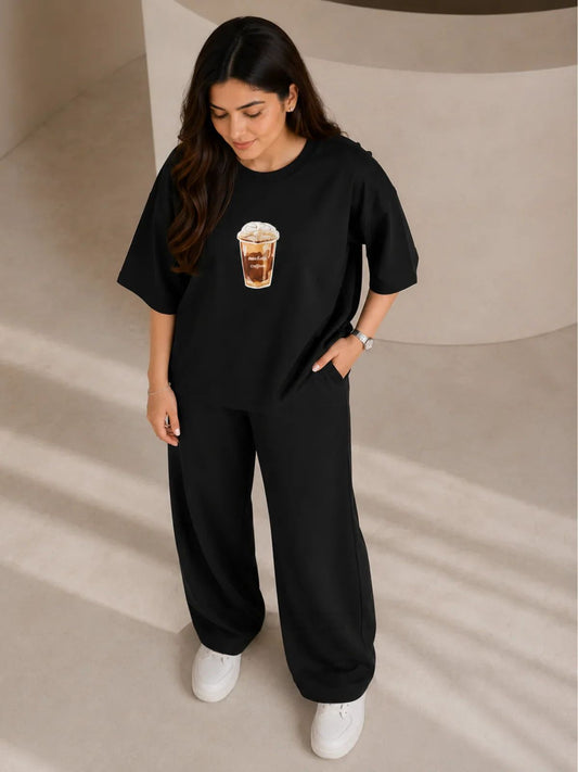 COFFEE" Premium Black Co-Ord Set – Oversized Tee & Wide-Leg trouser