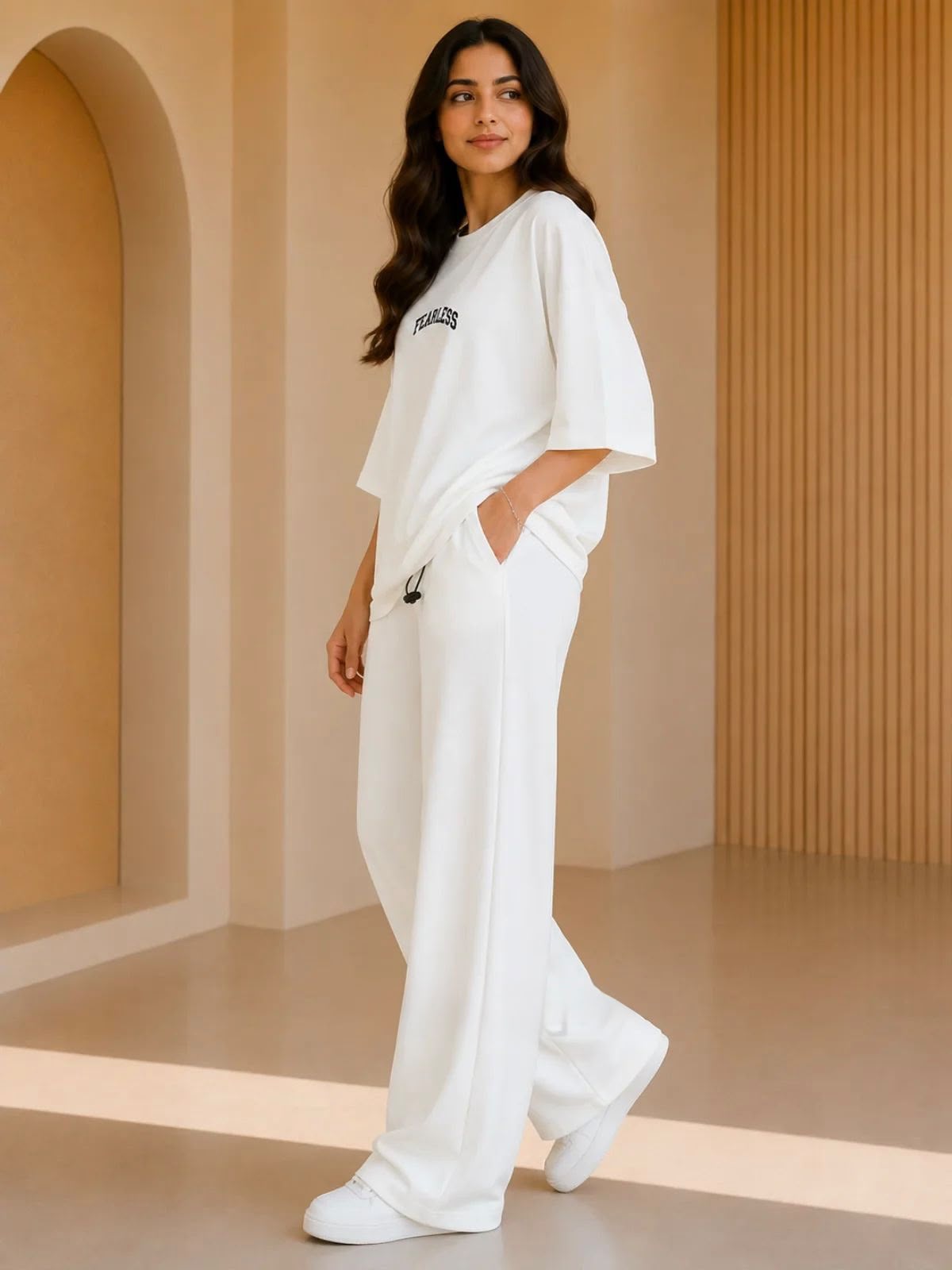 FEARLESS" Premium White Co-Ord Set – Oversized Tee & Wide-Leg Trouser