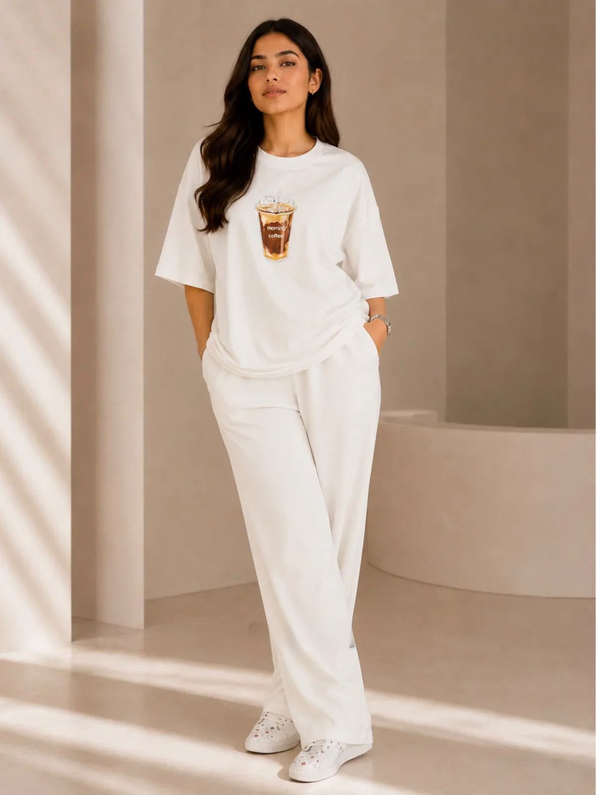 COFFEE" Premium white Co-Ord Set – Oversized Tee & Wide-L
