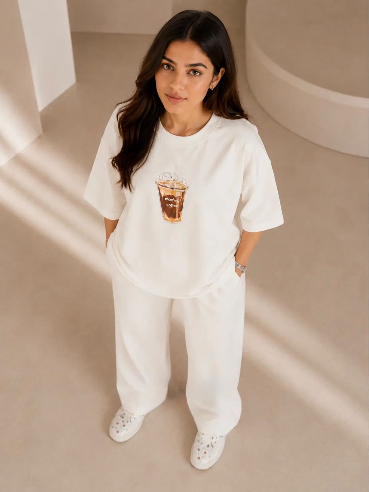 COFFEE" Premium white Co-Ord Set – Oversized Tee & Wide-L