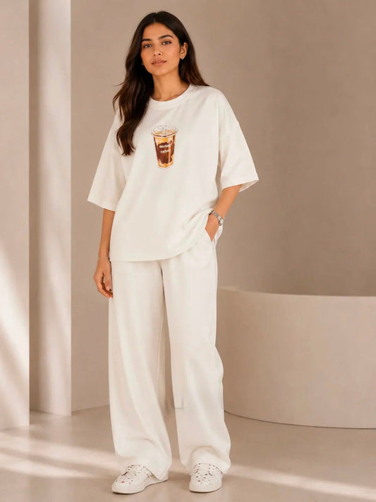 COFFEE" Premium white Co-Ord Set – Oversized Tee & Wide-L