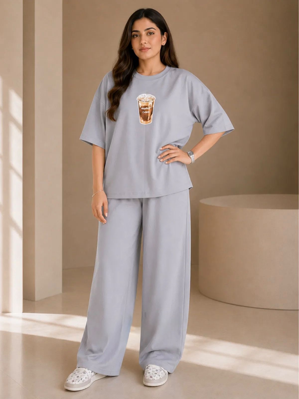 COFFEE" Premium gray Co-Ord Set – Oversized Tee & Wide-Leg trouser