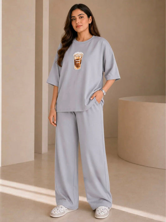 COFFEE" Premium gray Co-Ord Set – Oversized Tee & Wide-Leg trouser