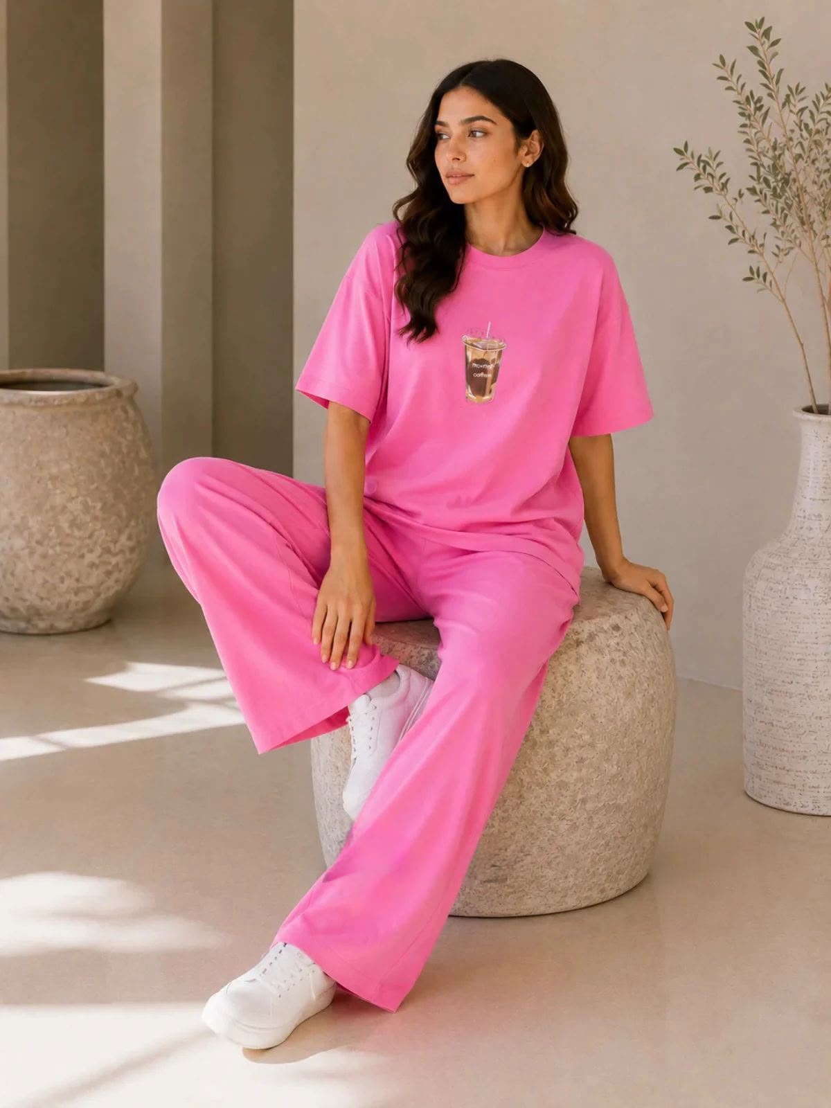 COFFEE" Premium pink Co-Ord Set – Oversized Tee & Wide-Leg trouser