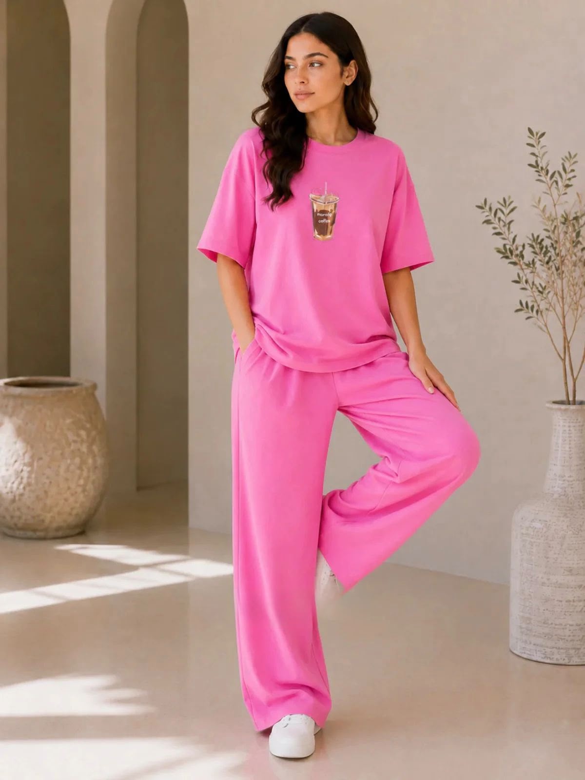 COFFEE" Premium pink Co-Ord Set – Oversized Tee & Wide-Leg trouser