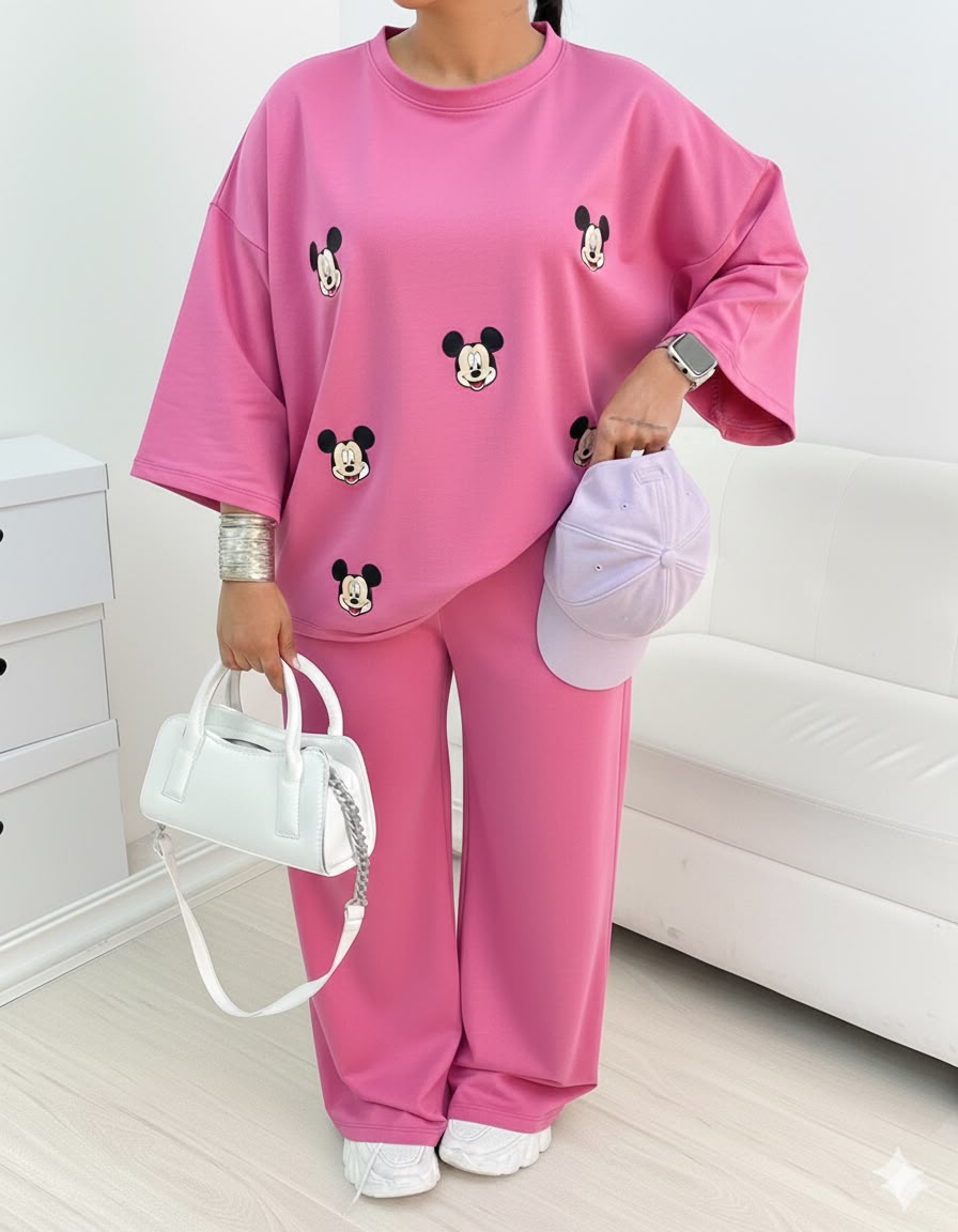 Mickey mouse" Premium Black Co-Ord Set – Oversized Tee & Wide-Leg Trouser