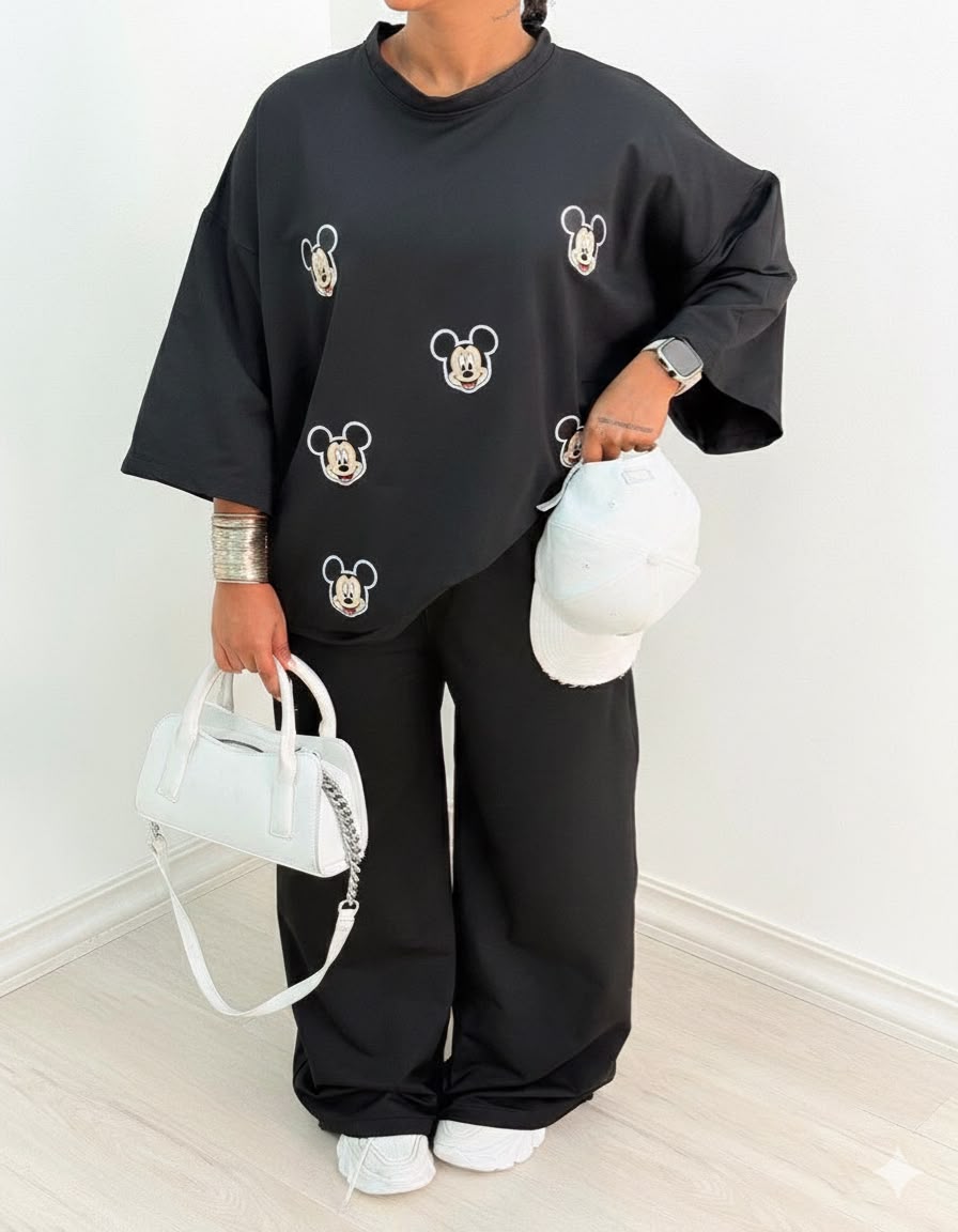 Mickey mouse" Premium Black Co-Ord Set – Oversized Tee & Wide-Leg Trouser