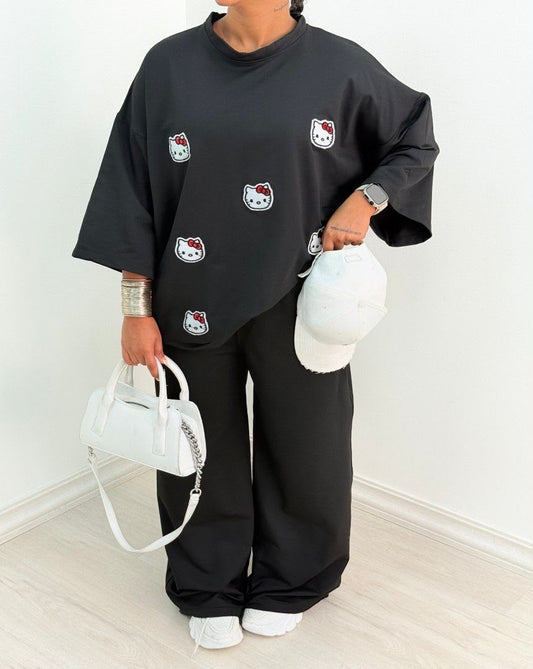 Kitty chic" Co-Ord Set – Oversized Tee & Wide-Leg Trouser